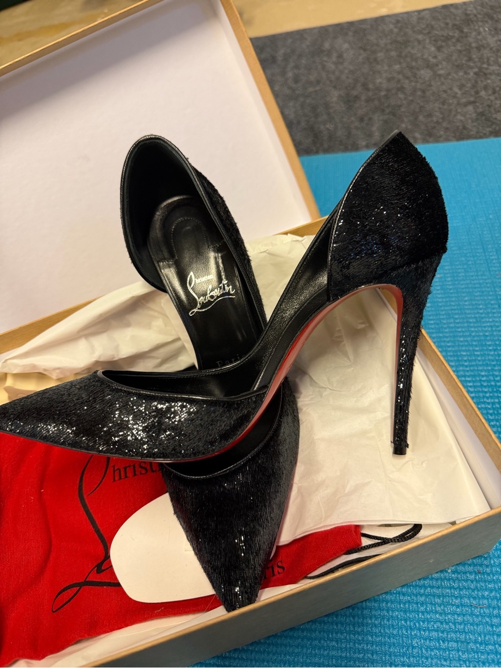 Christian Louboutin Black Glitter Pointed Toe Stilettos with Red Sole
